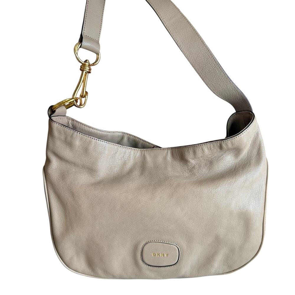 DKNY Leather Curved Bottom Shoulder Bag Taupe